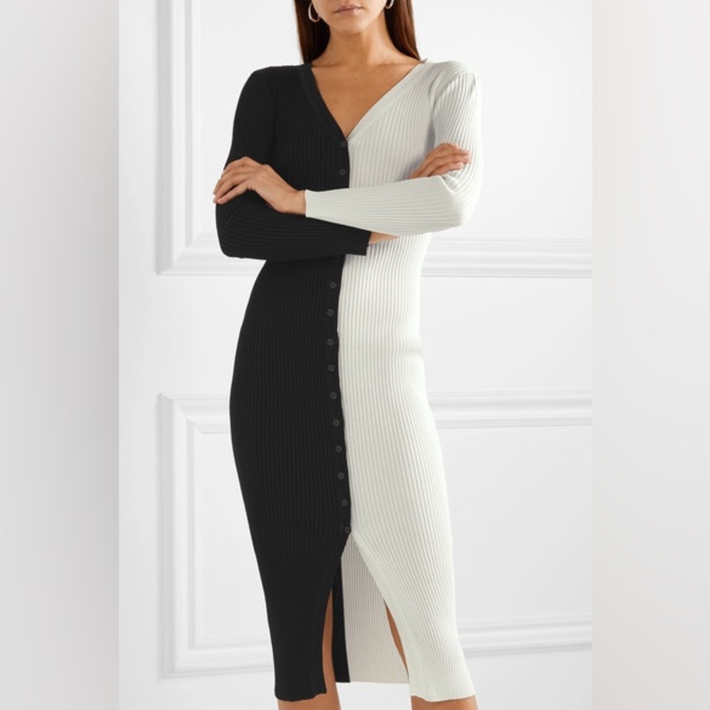 STAUD Two-Tone Black and White Long Sleeve Dress